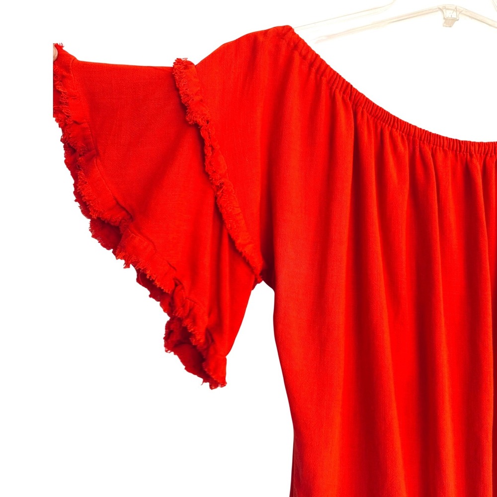 Umgee USA Red Linen Cotton Off Shoulder Ruffle Sleeve Tie Front Top XL - Picture 2 of 7
